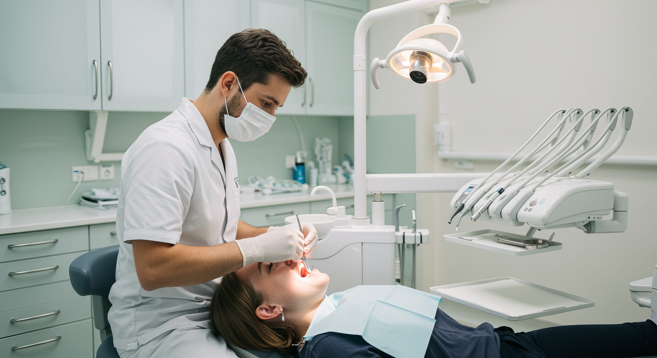 Dentist examining patient's teeth in bright, sterile clinic. High quality photo
